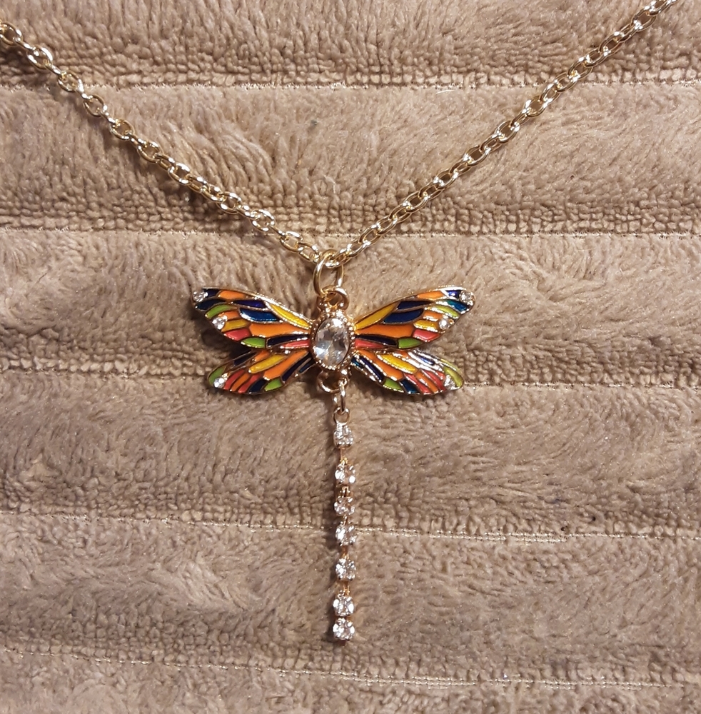 Hand Crafted Dragonfly Necklace Orange Blue Rhinestones 23" Long Chain